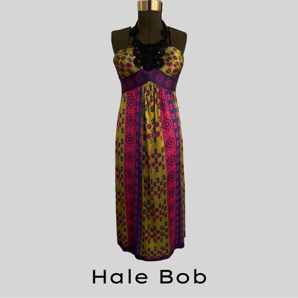 HALE BOB CROCHET HALTER NECK MULTI COLOR SCARF PRINT MAXI DRESS - SIZE SMALL